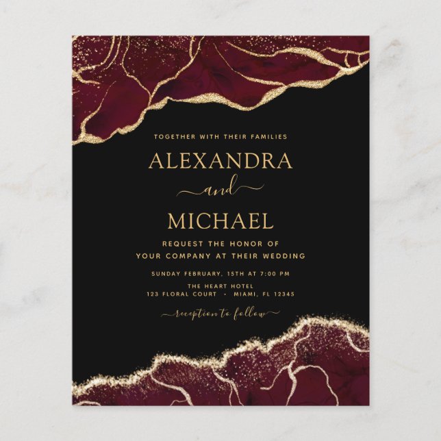 Prospectus 11,4 Cm X 14,2 Cm Budget Agate Bourgogne Faire-part de mariage or (Devant)