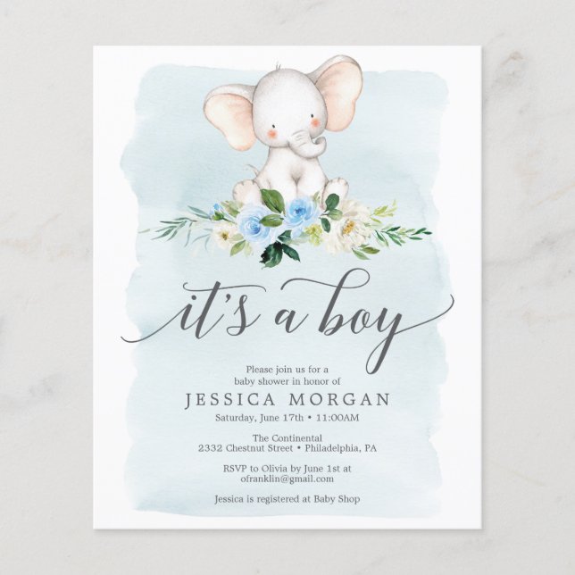 Prospectus 11,4 Cm X 14,2 Cm Budget Blue Elephant Boy Baby shower Invitation (Devant)