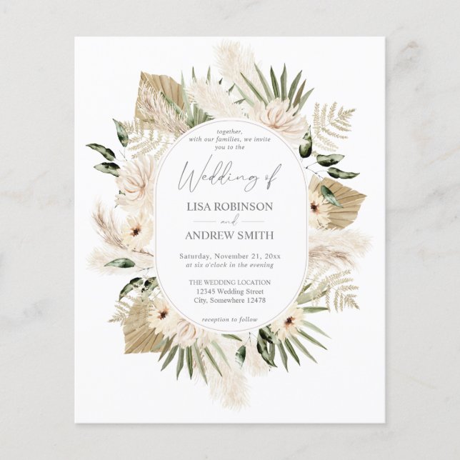 Prospectus 11,4 Cm X 14,2 Cm Budget Boho Pampas Grass & Beige Floral Mariage (Devant)