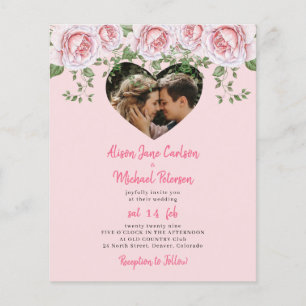 Prospectus 11,4 Cm X 14,2 Cm Budget coeur photo rose faire-part de mariage