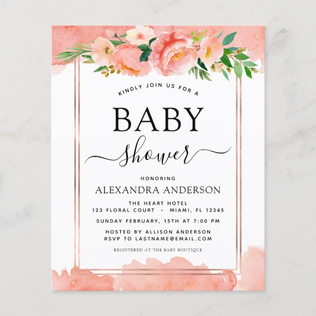 Prospectus 11,4 Cm X 14,2 Cm Budget Coral Pêche Baby shower Pastel Invitation (Devant)