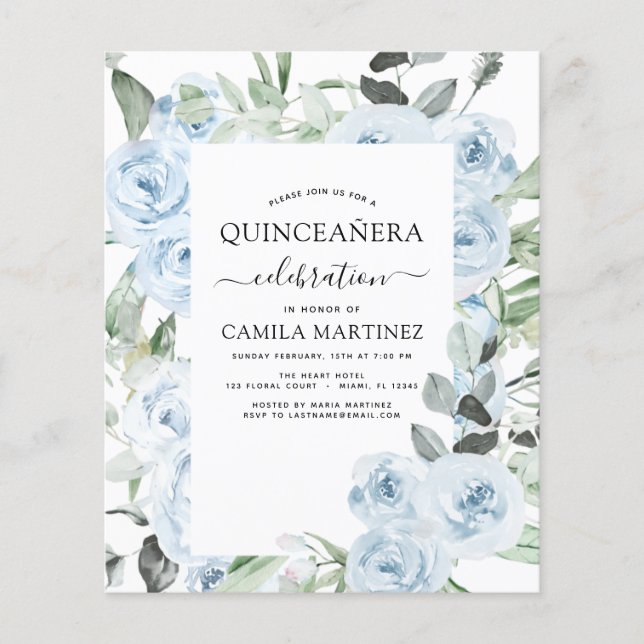 Prospectus 11,4 Cm X 14,2 Cm Budget Dusty Blue Quinceañera Floral Invitation (Devant)