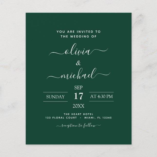 Prospectus 11,4 Cm X 14,2 Cm Budget Emerald Green Mariage Typographie moderne (Devant)