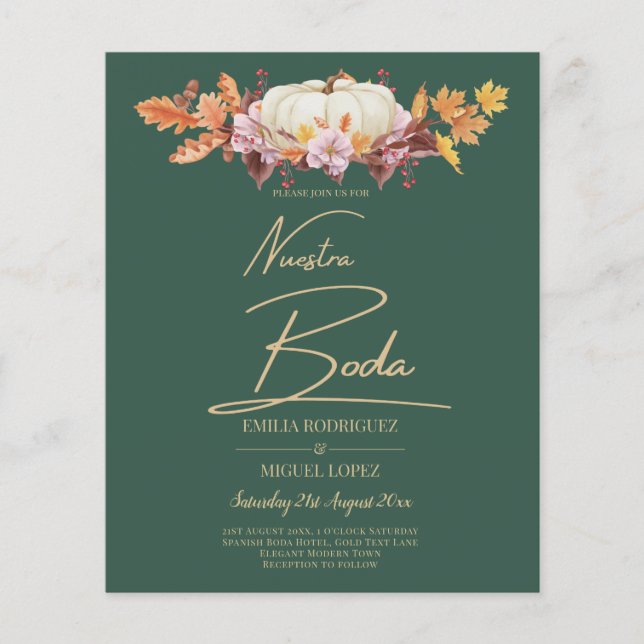 Prospectus 11,4 Cm X 14,2 Cm BUDGET Espagnol BODA Citrouille Green Gold Mariage (Devant)