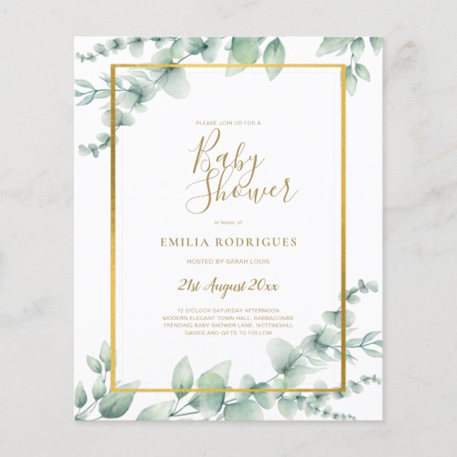 Prospectus 11,4 Cm X 14,2 Cm BUDGET Eucalyptus BABY SHOWER GOLD QR CODE INVITE  (Devant)