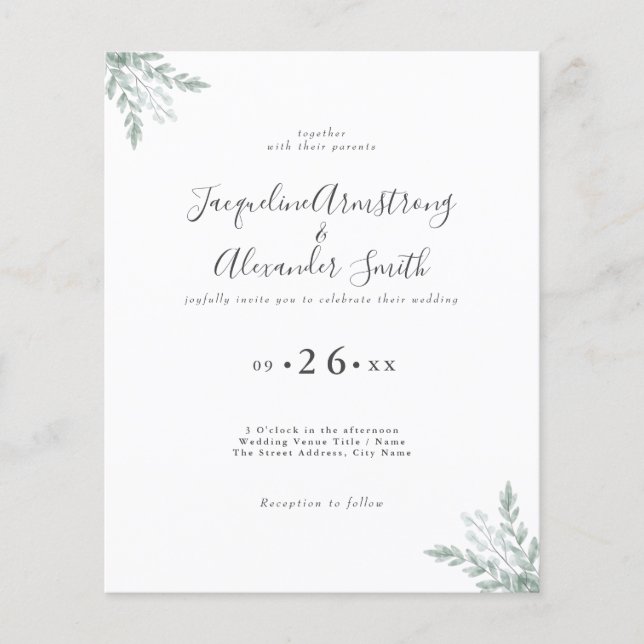 Prospectus 11,4 Cm X 14,2 Cm Budget Eucalyptus Faire-part de mariage de verdure (Devant)