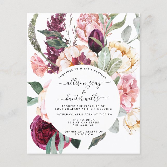 Prospectus 11,4 Cm X 14,2 Cm Budget Faire-part de mariage floral | Laural (Devant)