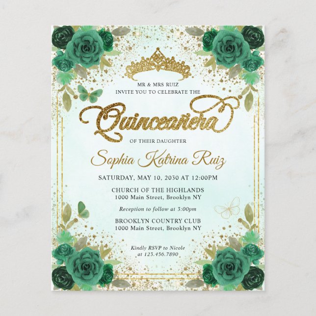 Prospectus 11,4 Cm X 14,2 Cm Budget Floral Emerald Vert Glam Or Quinceañera (Devant)