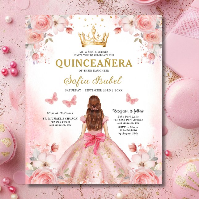 Prospectus 11,4 Cm X 14,2 Cm Budget Floral rose Bilingue Espagnol Quinceanera (Créateur téléchargé)