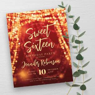 Prospectus 11,4 Cm X 14,2 Cm Budget Gold Red String Lights Sweet 16 Invitation