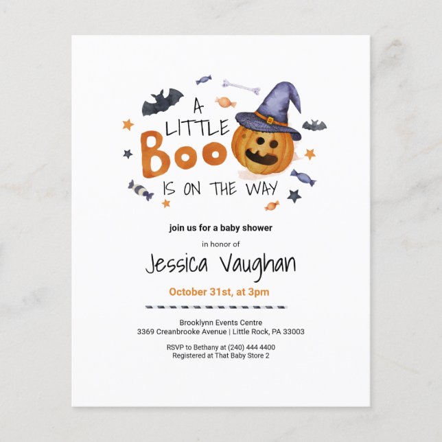 Prospectus 11,4 Cm X 14,2 Cm Budget Halloween Citrouille Little Boo Baby shower (Devant)