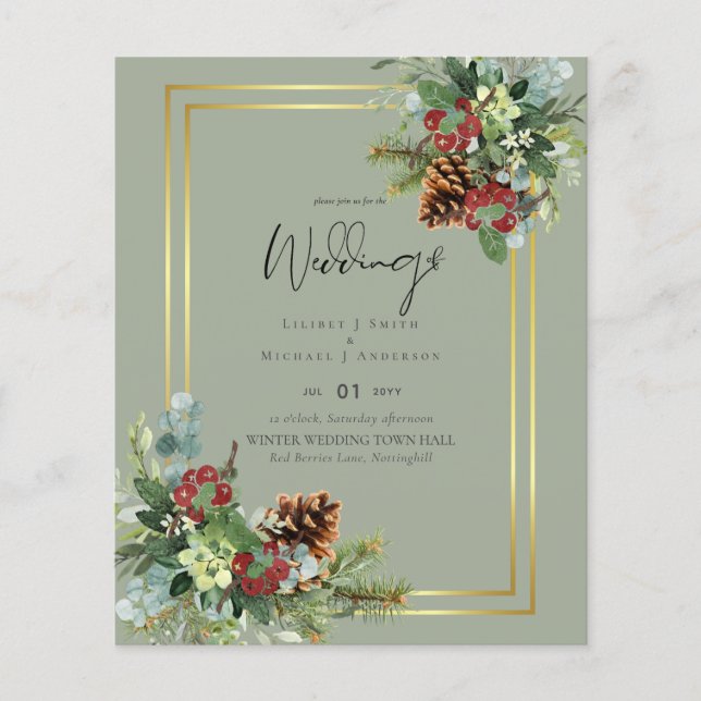 Prospectus 11,4 Cm X 14,2 Cm BUDGET Hiver Baies rouges Pine Cônes Mariage (Devant)