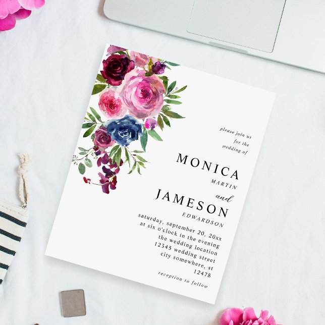 Prospectus 11,4 Cm X 14,2 Cm Budget Hot Rose & Marine Blue Floral Mariage 3 (Créateur téléchargé)