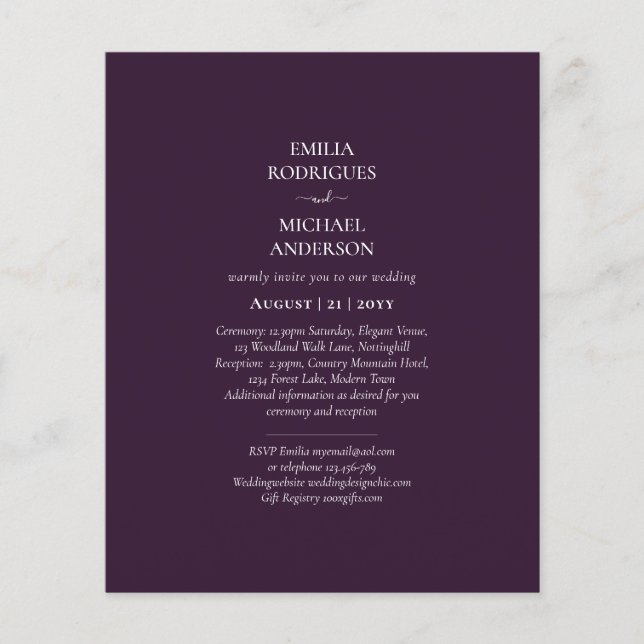 Prospectus 11,4 Cm X 14,2 Cm BUDGET Mariage PLUM PURPLE Monochrome Simple (Devant)