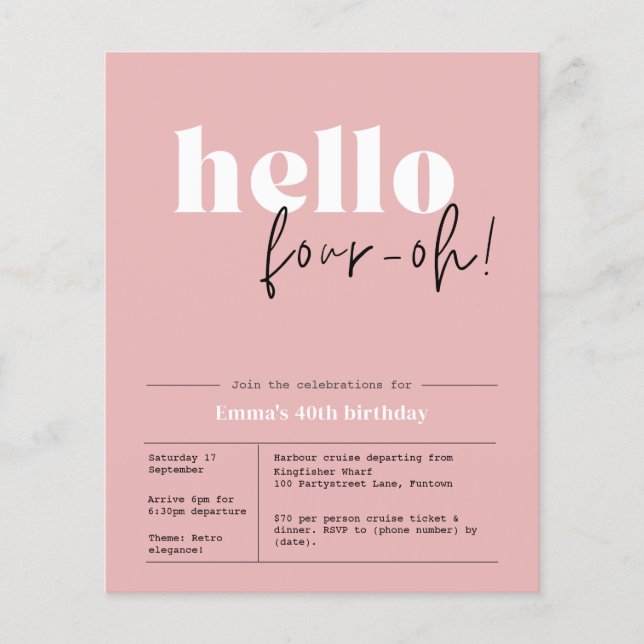 Prospectus 11,4 Cm X 14,2 Cm Budget minimaliste rose roux 40e Invitation (Devant)