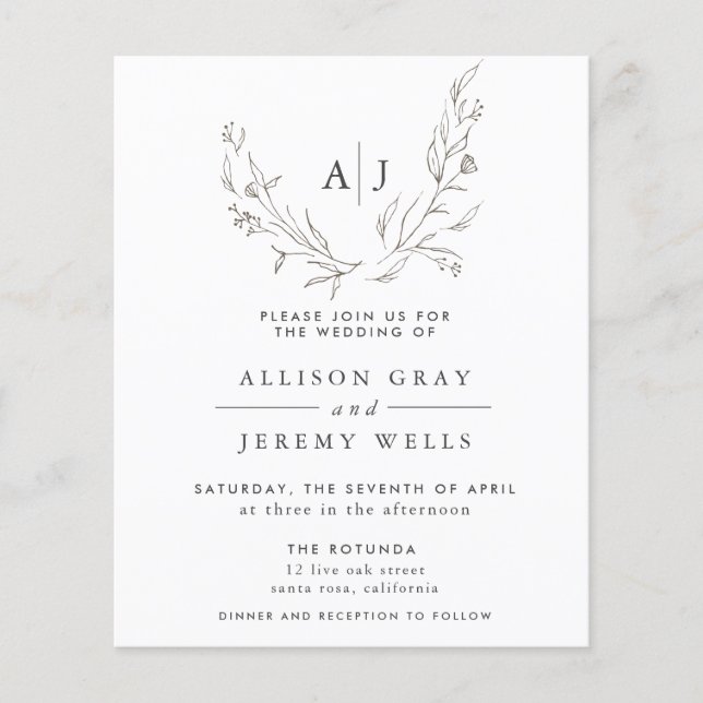 Prospectus 11,4 Cm X 14,2 Cm Budget Monogramme Faire-part de mariage floral (Devant)
