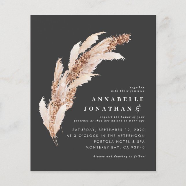 Prospectus 11,4 Cm X 14,2 Cm Budget noir boho pampas élégant invitation de mari (Devant)