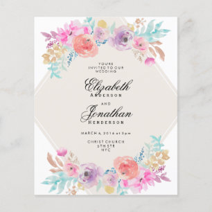 Prospectus 11,4 Cm X 14,2 Cm Budget Pastel Aquarelle Fleurs Mariage Invitation