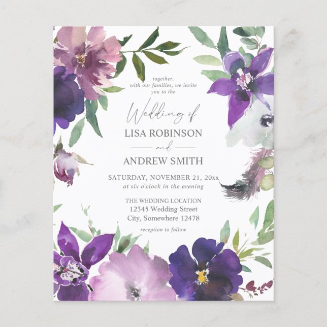 Prospectus 11,4 Cm X 14,2 Cm Budget Purple - Lavande & Violet Floral Mariage F (Devant)