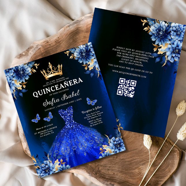 Prospectus 11,4 Cm X 14,2 Cm Budget QR Code Quinceanera Royal Blue Princesse (Créateur téléchargé)