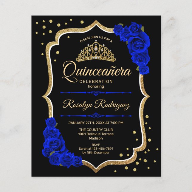 Prospectus 11,4 Cm X 14,2 Cm Budget Quinceanera - Black Gold Royal Blue Invitat (Devant)