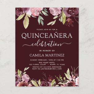 Prospectus 11,4 Cm X 14,2 Cm Budget Quinceanera Bourgogne Rose Floral Invitatio