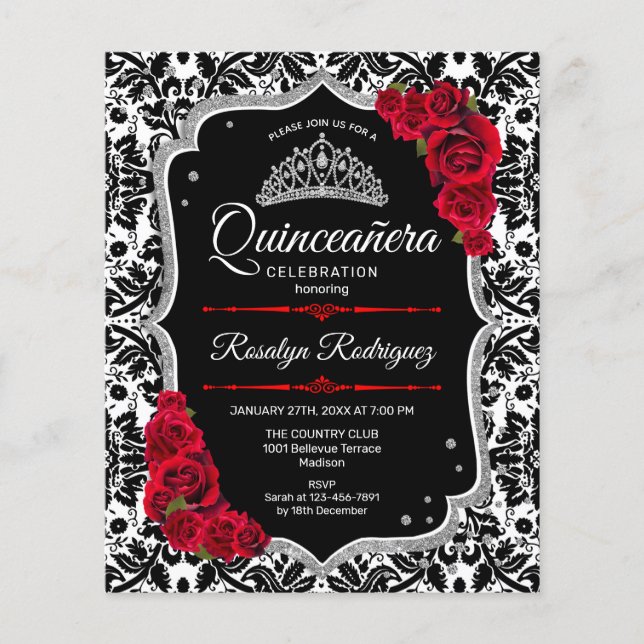Prospectus 11,4 Cm X 14,2 Cm Budget Quinceanera - Invitation d'argent rouge noi (Devant)
