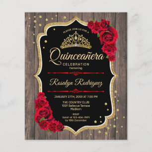 Prospectus 11,4 Cm X 14,2 Cm Budget Quinceanera Rustic Wood Gold Red Invitation