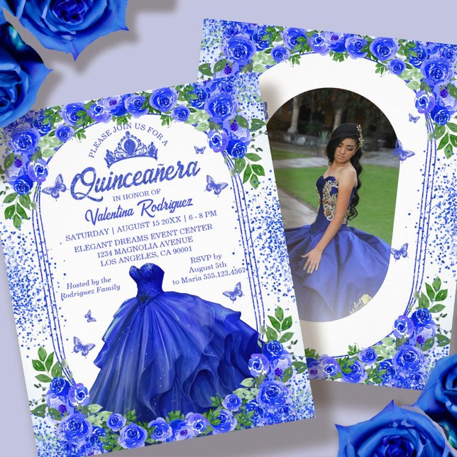 Prospectus 11,4 Cm X 14,2 Cm Budget Royal Blue Floral Quinceanera Invitation (Budget Blue Floral Quinceanera Invitation Flyer)