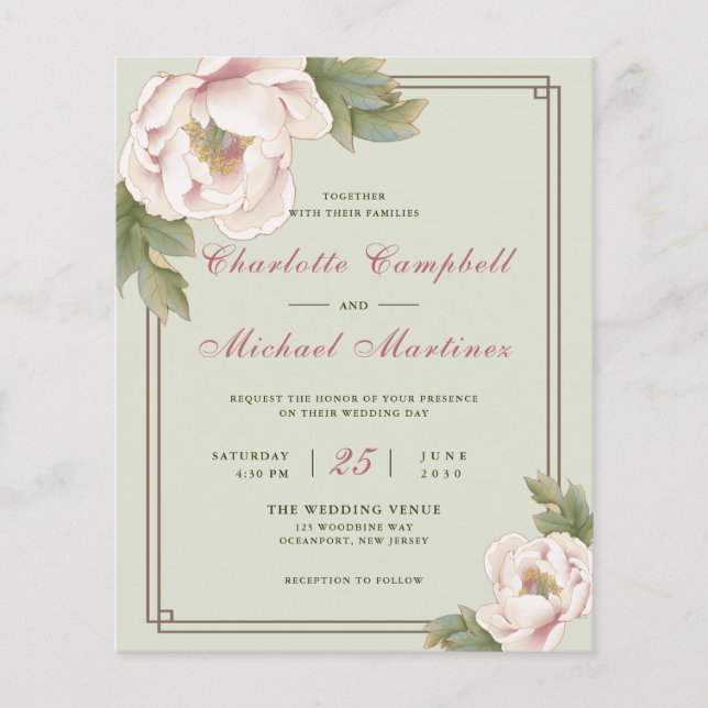 Prospectus 11,4 Cm X 14,2 Cm Budget Sage & Blush Mariage Peony Invitations flor (Devant)