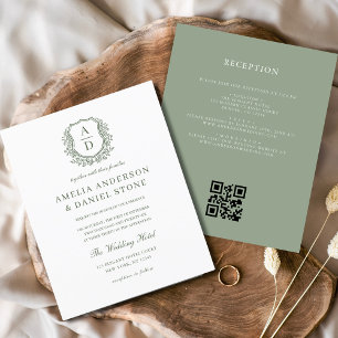 Prospectus 11,4 Cm X 14,2 Cm Budget Sage Green Crest Monogramme Mariage QR Code