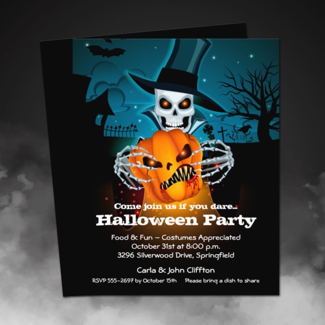 Prospectus 11,4 Cm X 14,2 Cm Budget Skeleton Halloween Invitation (Printed on affordable THIN 80 lb flyer paper - heavier paper available in our collection.)