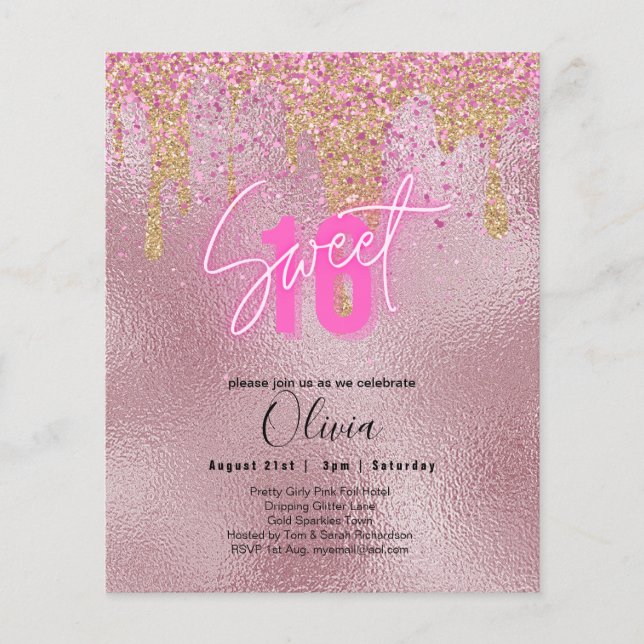 Prospectus 11,4 Cm X 14,2 Cm Budget Sweet 16 Parties scintillant rose Foil Girl (Devant)