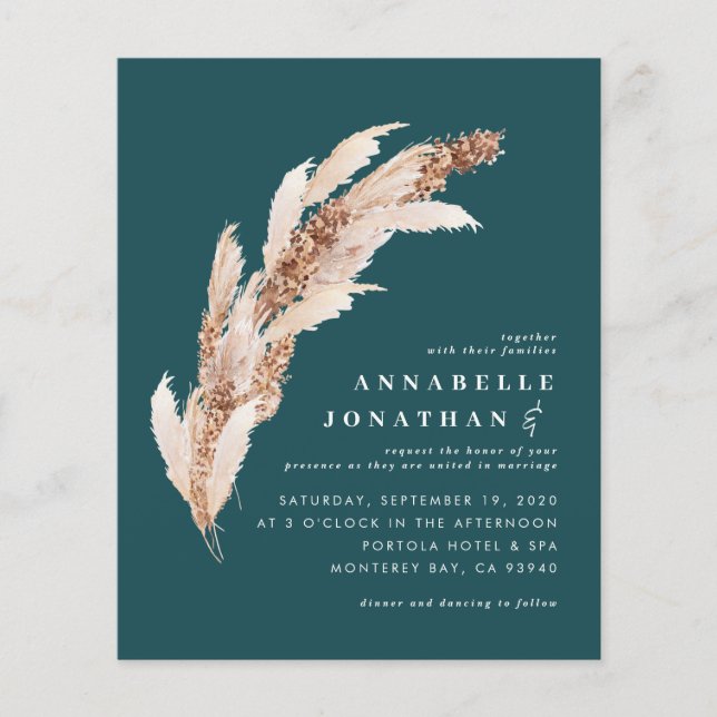 Prospectus 11,4 Cm X 14,2 Cm Budget turquoise boho pampas élégant mariage invit (Devant)