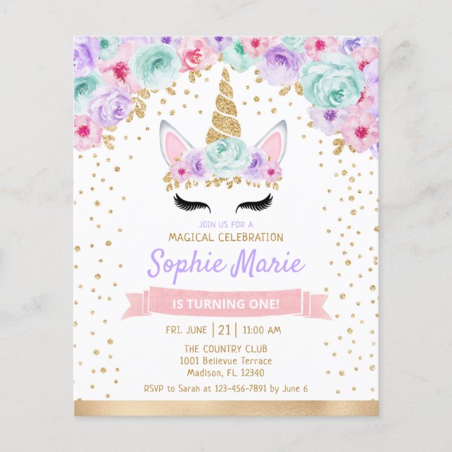 Prospectus 11,4 Cm X 14,2 Cm Budget Unicorn 1er anniversaire Turquoise Purple I (Devant)