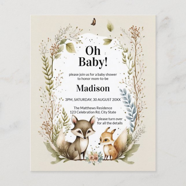 Prospectus 11,4 Cm X 14,2 Cm Budget Woodland Créatures Baby shower Invitation (Devant)