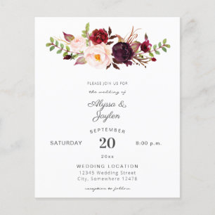 Prospectus 11,4 Cm X 14,2 Cm Carte de mariage Florale Rose Marsala Bourgogne de