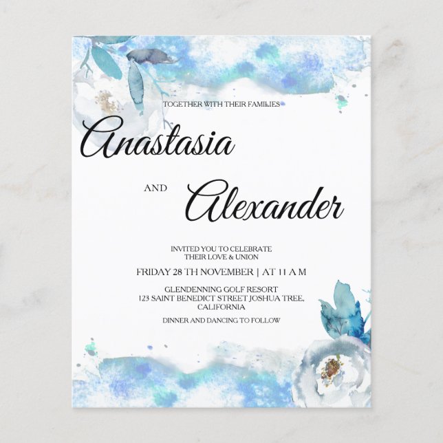 Prospectus 11,4 Cm X 14,2 Cm Carton d'invitation de mariage à budget à l'aquare (Devant)