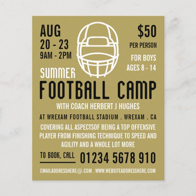 Prospectus 11,4 Cm X 14,2 Cm Casque de football or, Camp de football publicité (Devant)