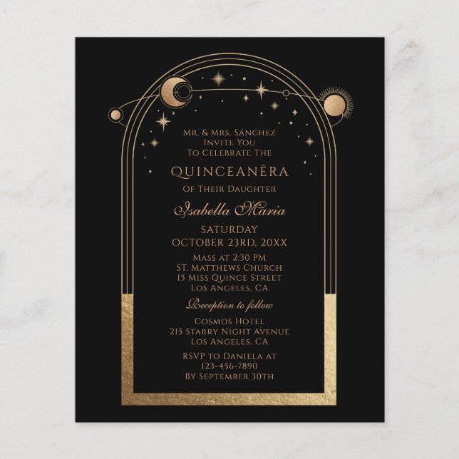 Prospectus 11,4 Cm X 14,2 Cm Celestial Black Gold Bilingue Espagnol Quinceañera (Devant)