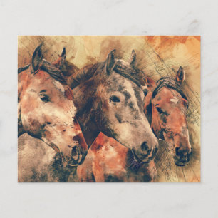 Prospectus 11,4 Cm X 14,2 Cm Chevaux Peinture d'aquarelle artistique