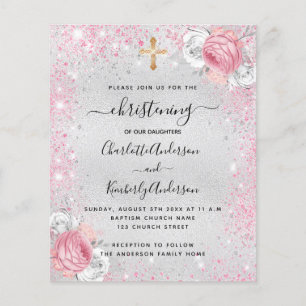 Prospectus 11,4 Cm X 14,2 Cm Christening filles argent jumelles invitation budg
