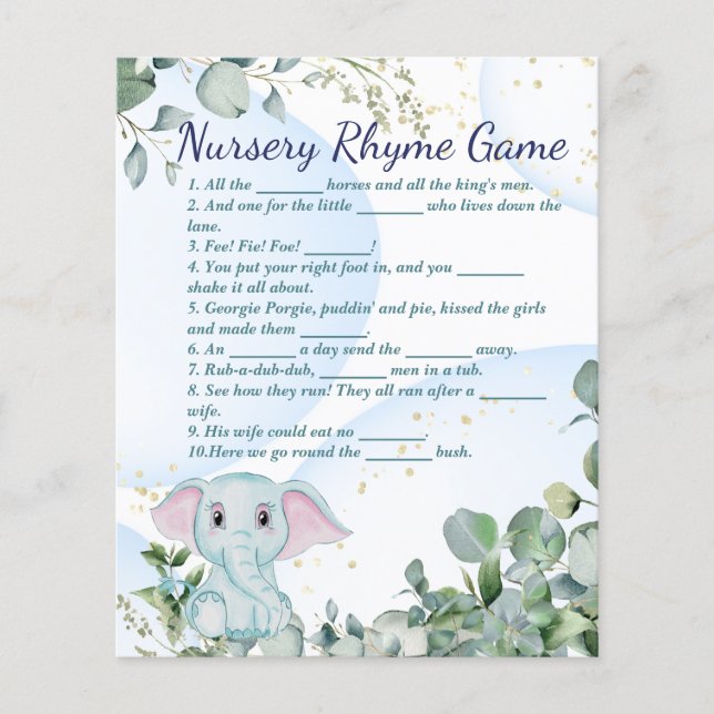 Prospectus 11,4 Cm X 14,2 Cm Coute Blue Elephant et Eucalyptus Baby shower jeu (Devant)