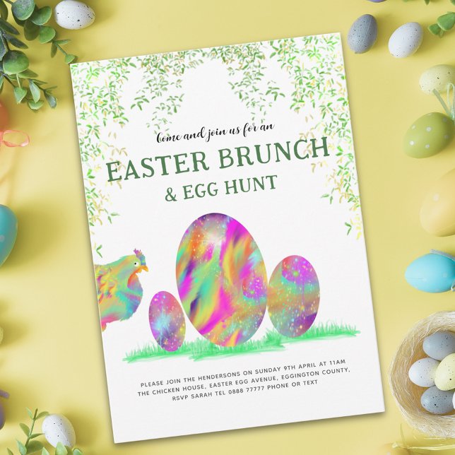 Prospectus 11,4 Cm X 14,2 Cm Déjeuner de Pâques Chasse aux œufs Poulette et œuf (Fun Easter Egg Hunt Brunch Cute Hen & Eggs budget invitation colorful watercolor chicken art)