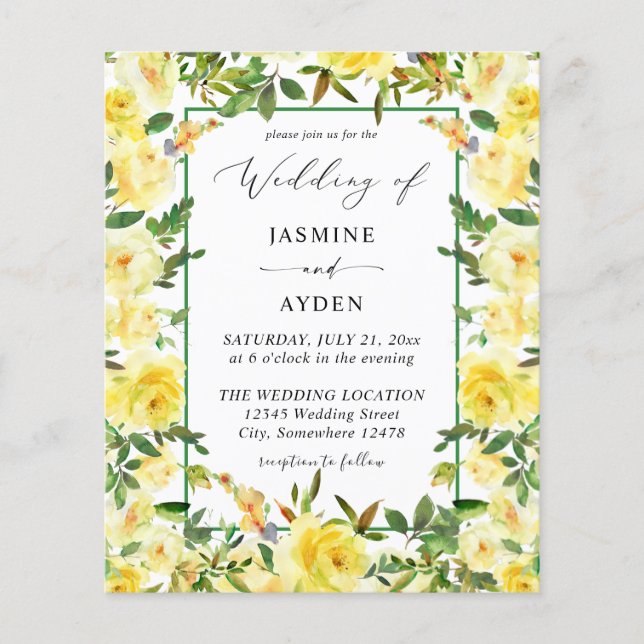 Prospectus 11,4 Cm X 14,2 Cm Dépliant de mariage floral jaune budget V3 (Devant)