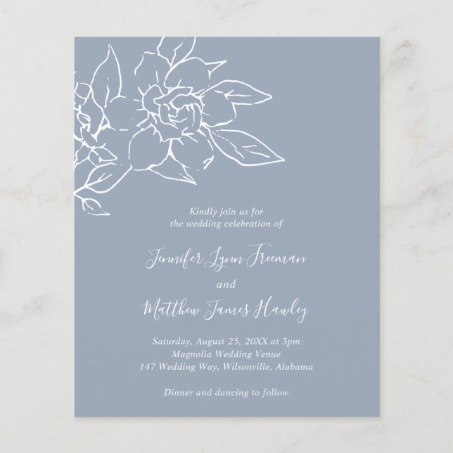 Prospectus 11,4 Cm X 14,2 Cm Dusty Blue Line Art Floral Budget Mariage Inviter (Devant)