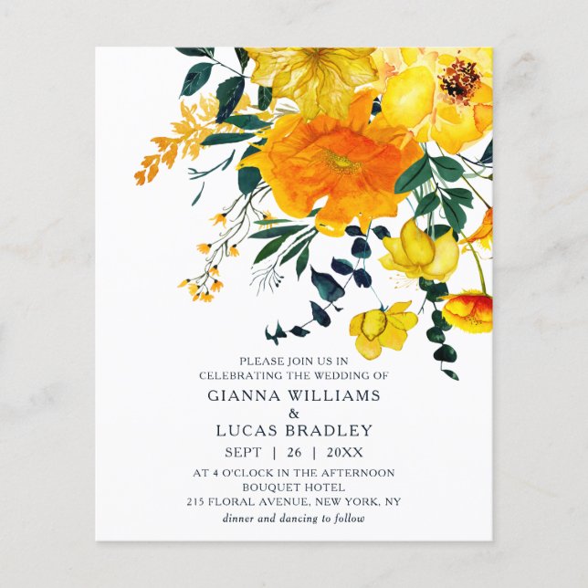 Prospectus 11,4 Cm X 14,2 Cm Elégante couleur jaune budget Mariage floral (Devant)