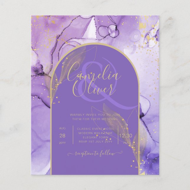 Prospectus 11,4 Cm X 14,2 Cm Encre Abstrait PURPLE OR Lavande Mariage INVITE (Devant)