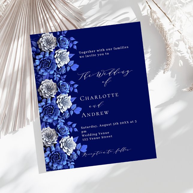 Prospectus 11,4 Cm X 14,2 Cm Faire-part de mariage budget floral bleu marine (Créateur téléchargé)