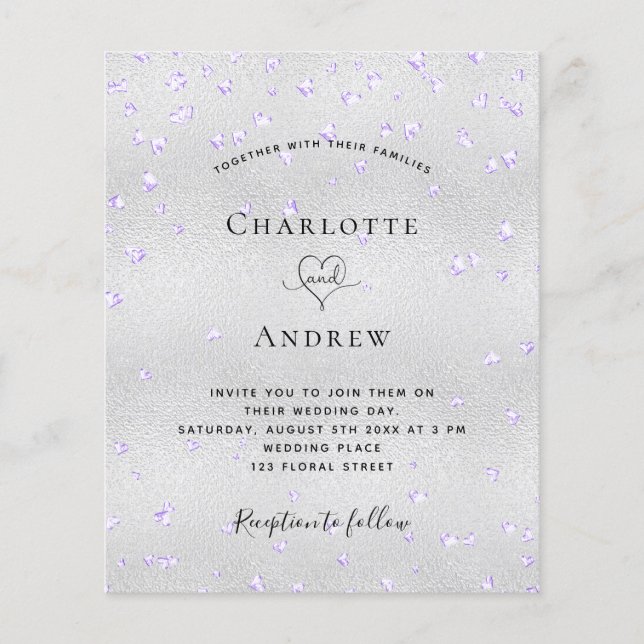 Prospectus 11,4 Cm X 14,2 Cm Faire-part de mariage budgétaire coeur violet arge (Devant)
